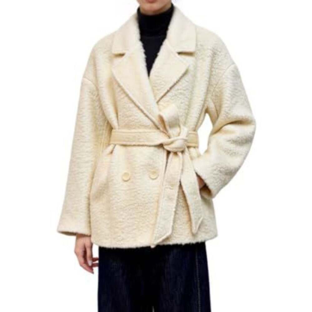 Lucidy Off-white Wool Blend Double Breasted Belted Coat,NWT,Small